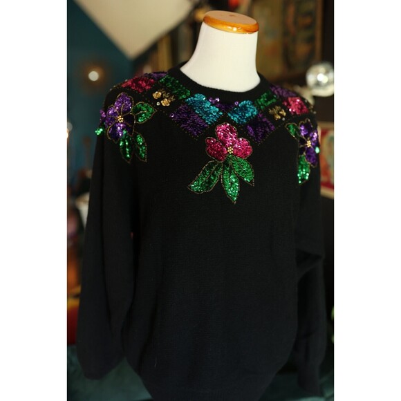 Vintage In Charge Black Floral Sequin Sweater Lambswool Angora Medium 80s - Picture 11 of 11